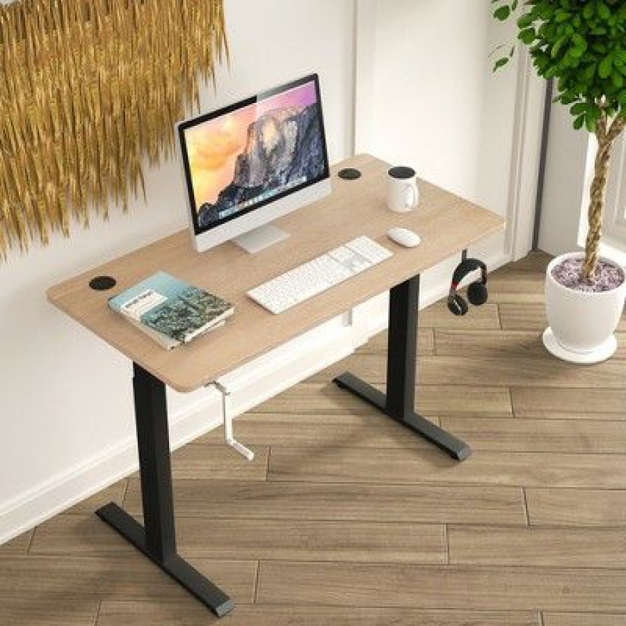 Executive Desks * | Costway 48" Sit Stand Desk Adjustable Standing Workstation W/Crank Handle Whiteblackgrey