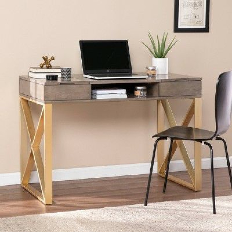 Executive Desks * | Nesdy 2 Tone Desk With Storage Gray/Gold Aiden Lane