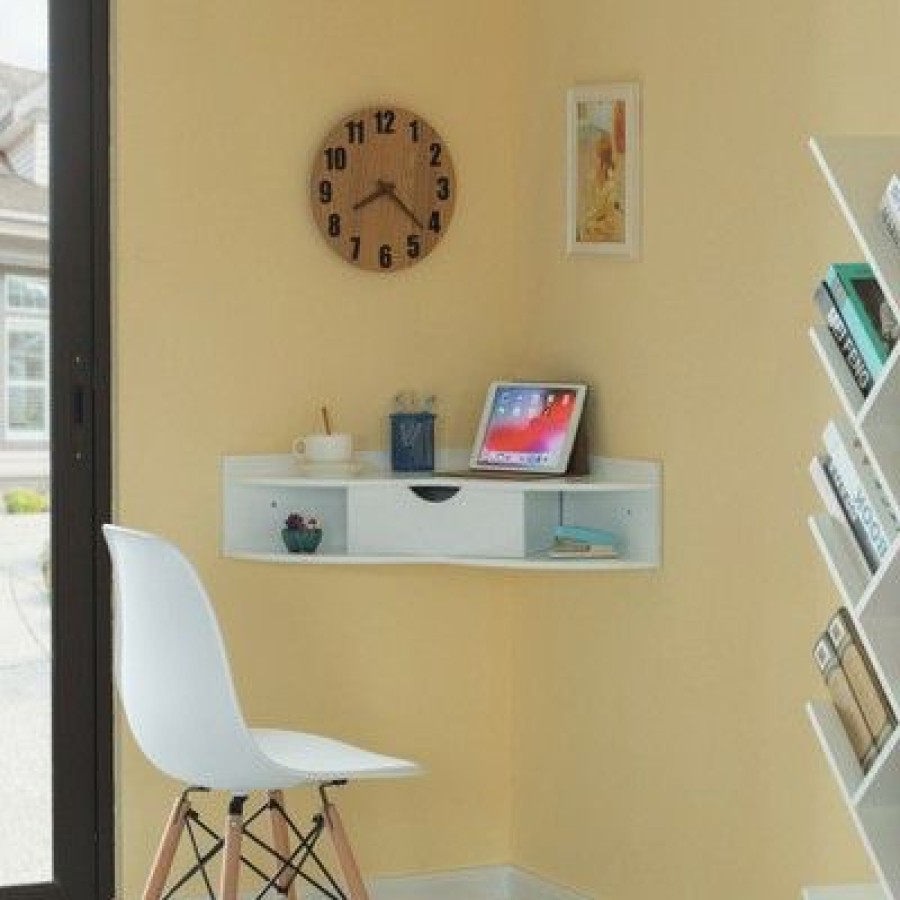 Corner Desks * | Basicwise Corner Desk Heart Shaped Wall Mounted Office Table With Drawer And Two Shelves Computer Writing Desk