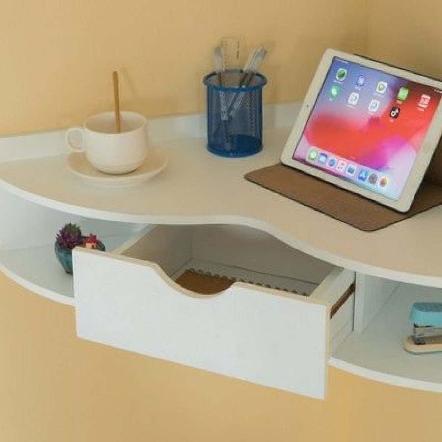 Corner Desks * | Basicwise Corner Desk Heart Shaped Wall Mounted Office Table With Drawer And Two Shelves Computer Writing Desk