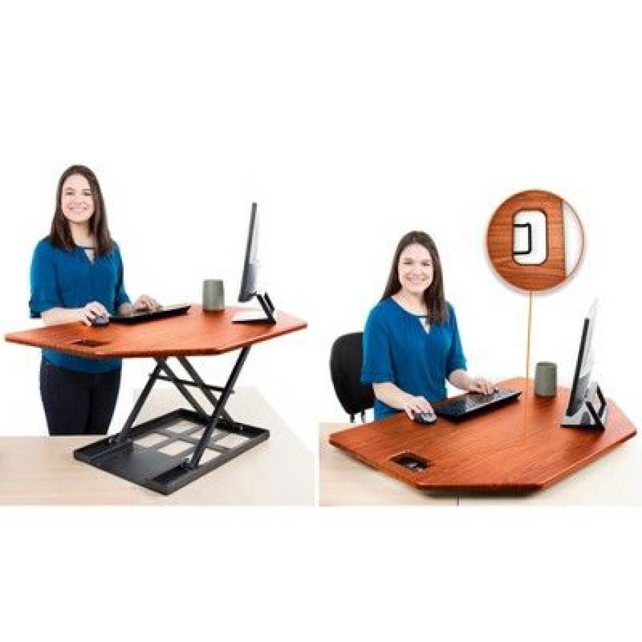 Executive Desks * | X-Elite Premier Corner Standing Desk Converter With Pneumatic Height Adjustment Cherry Stand Steady