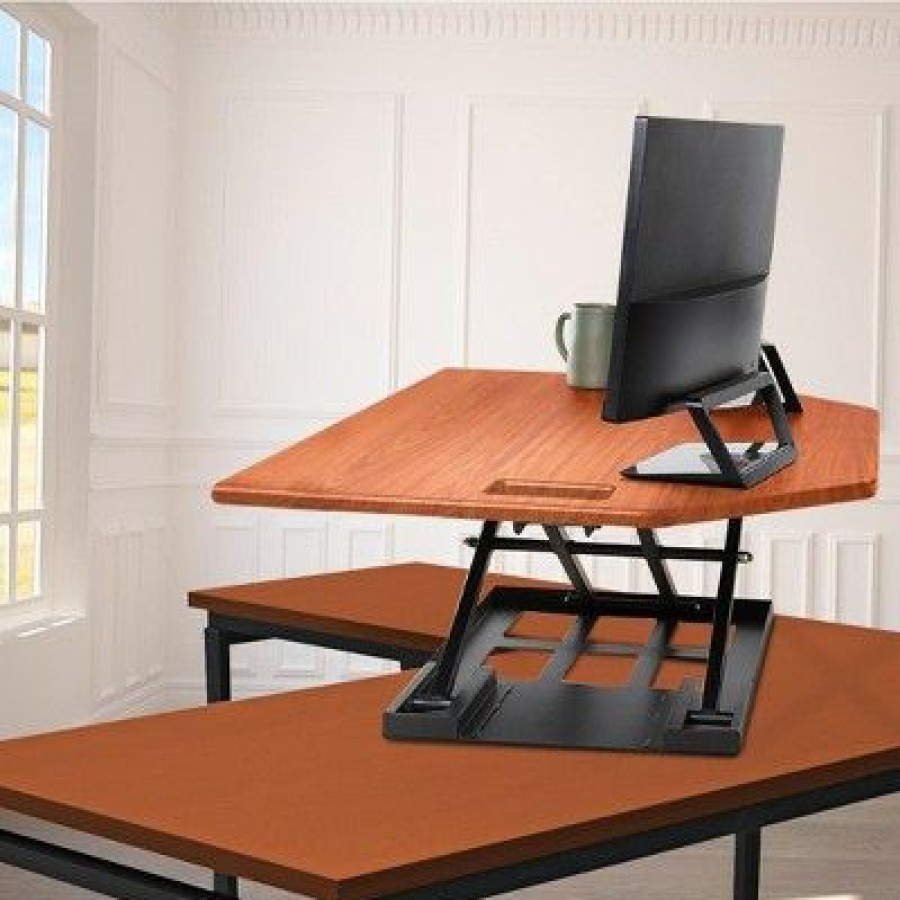 Executive Desks * | X-Elite Premier Corner Standing Desk Converter With Pneumatic Height Adjustment Cherry Stand Steady