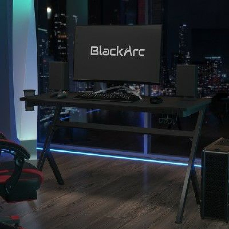 Computer Desks * | Blackarc Black Gaming Desk Featuring Detachable Cupholder/Headphone Hook, Two Cable Management Holes & Removable Mousepad Top