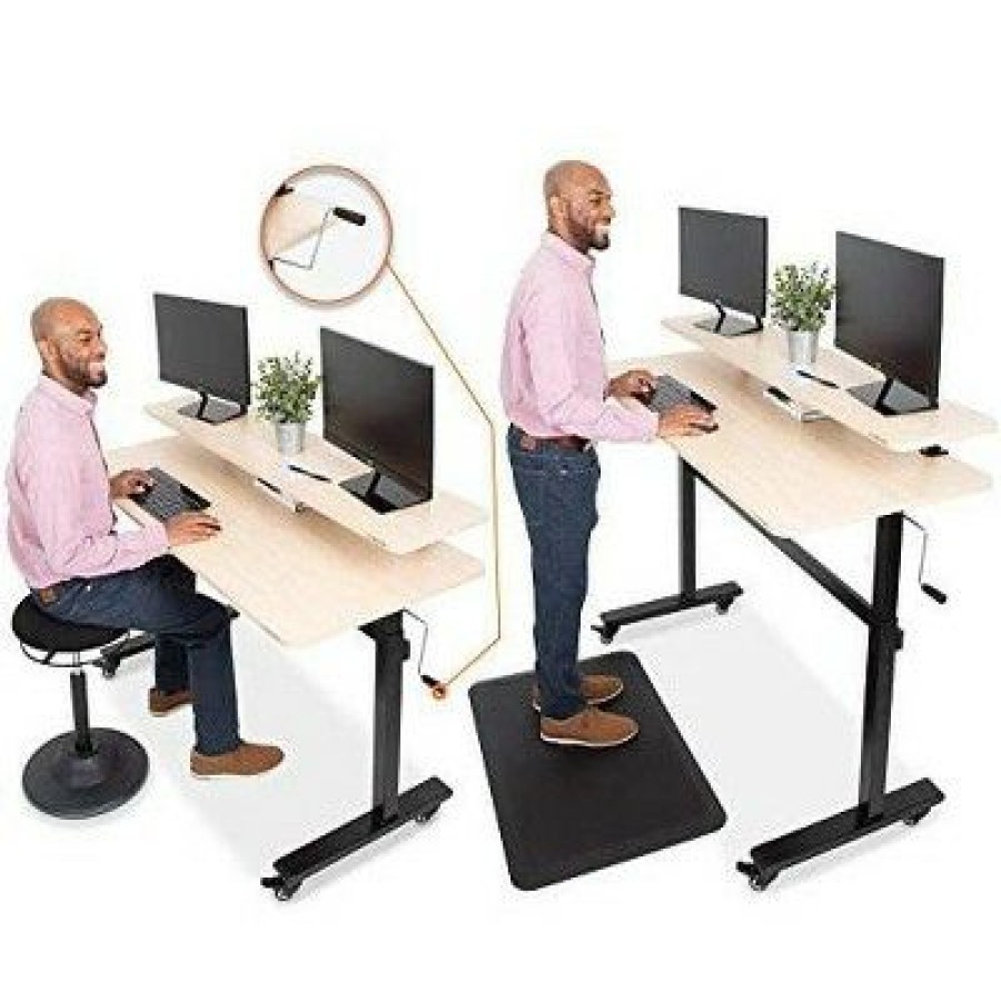 Executive Desks * | Tranzendesk Standing Desk With Clamp-On Shelf 55 Sit To Stand Workstation With 55" Monitor Stand Maple Stand Steady