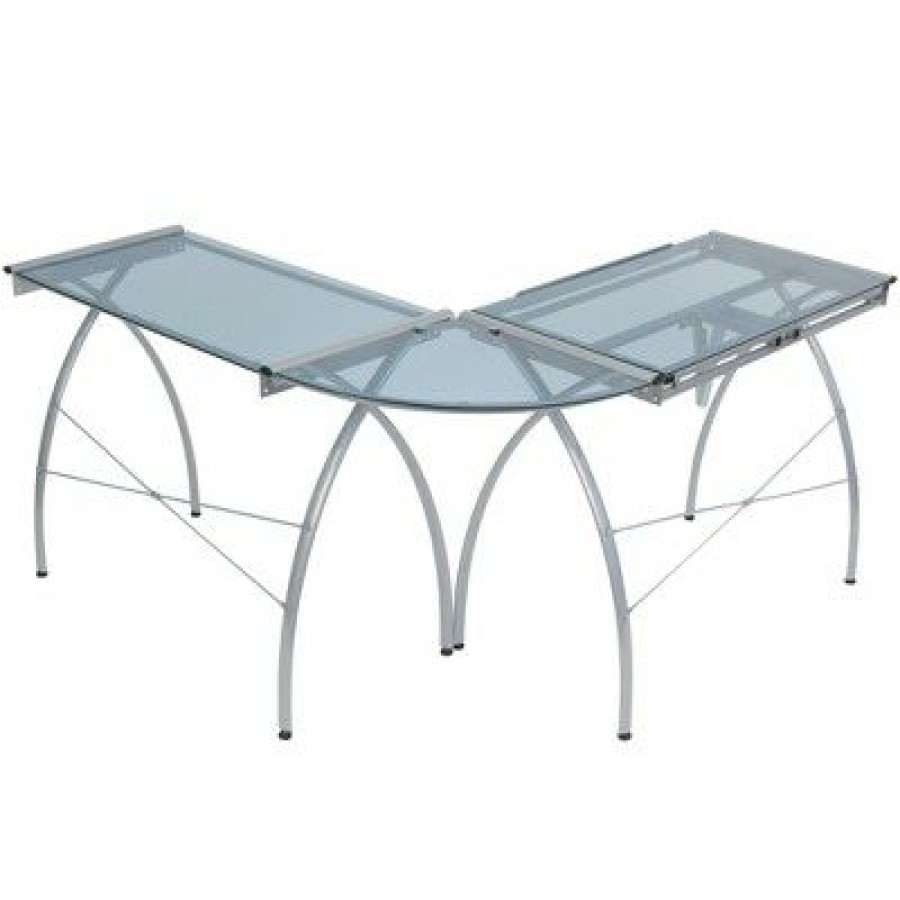 Executive Desks * | Studio Designs Futura L-Shaped Desk With Adjustable Top Silver/Blue Glass