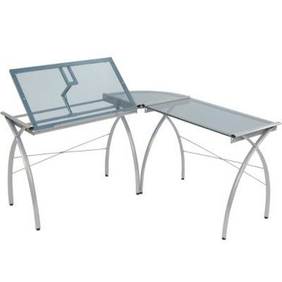 Executive Desks * | Studio Designs Futura L-Shaped Desk With Adjustable Top Silver/Blue Glass