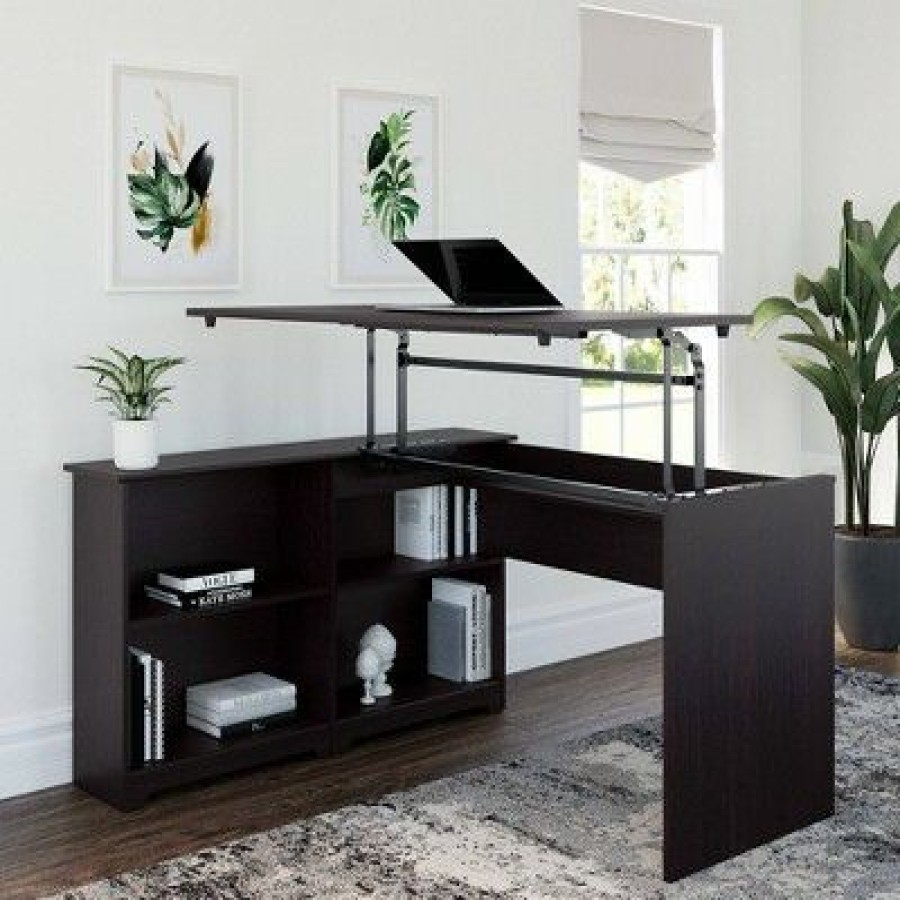 Corner Desks * | Cabot 3 Position Sit To Stand Corner Bookshelf Desk Bush Furniture