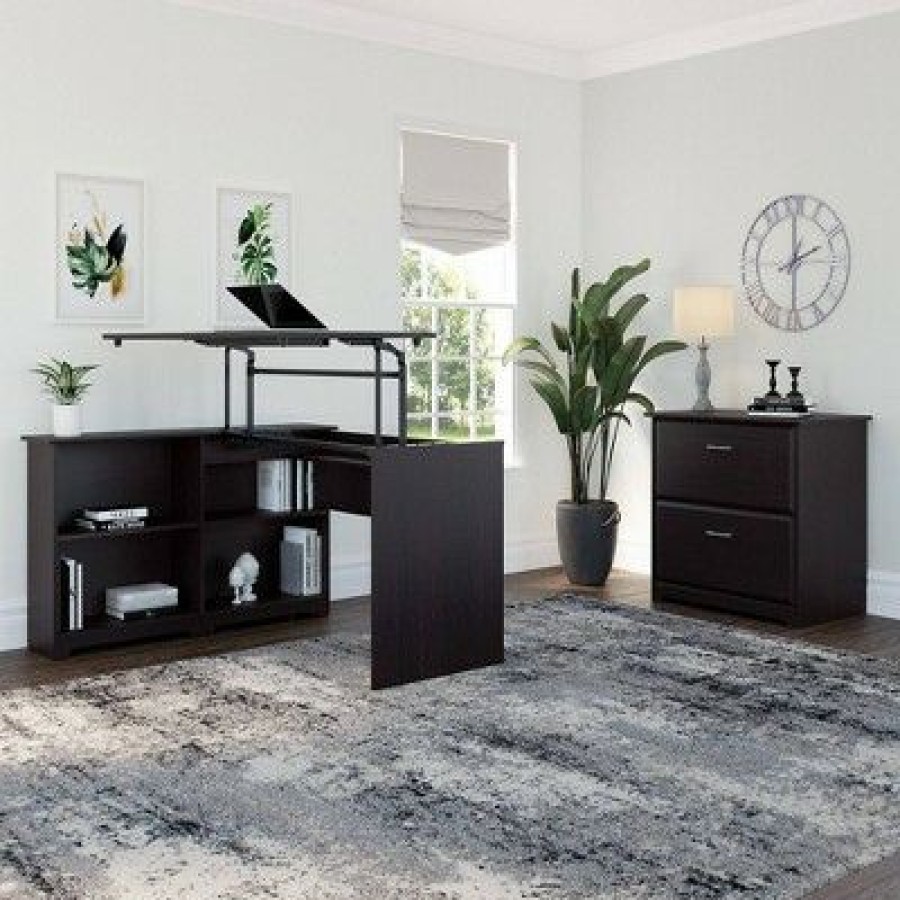 Corner Desks * | Cabot 3 Position Sit To Stand Corner Bookshelf Desk Bush Furniture