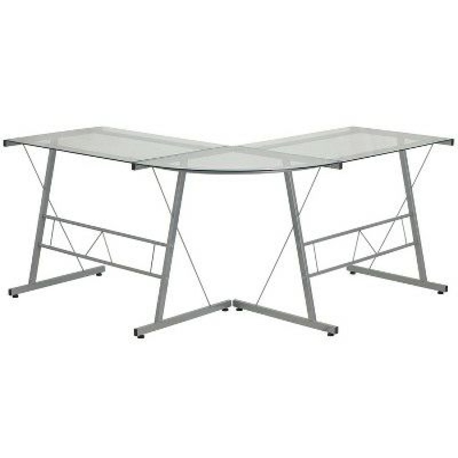 Executive Desks * | Glass L-Shape Computer Desk With Silver Frame Finish Flash Furniture