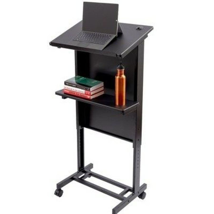 Computer Desks * | Stand Up Desk Store Mobile Adjustable Height Rolling Lectern Podium With Heavy Duty Steel Frame