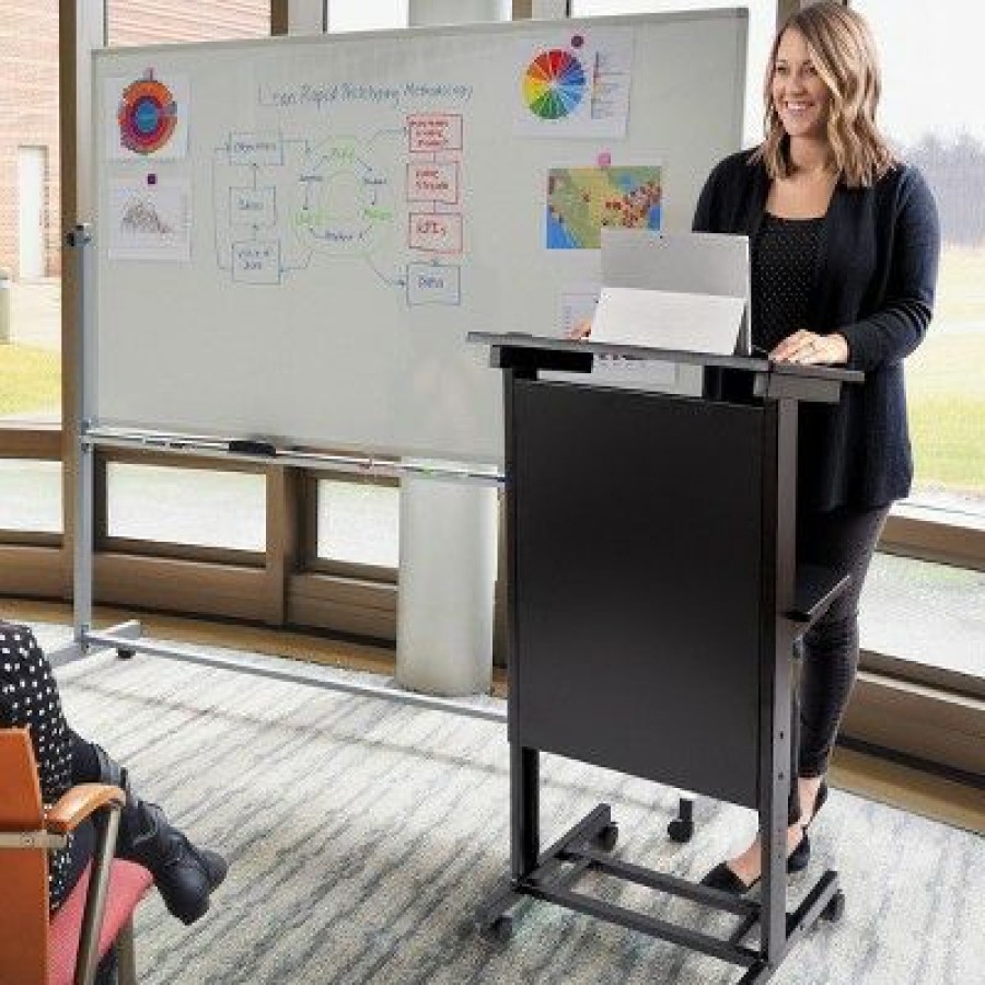 Computer Desks * | Stand Up Desk Store Mobile Adjustable Height Rolling Lectern Podium With Heavy Duty Steel Frame