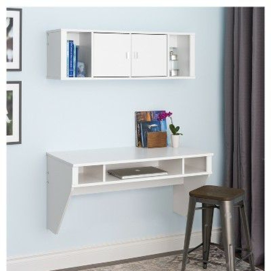 Executive Desks * | Designer Floating Desk And Hutch Set White Prepac