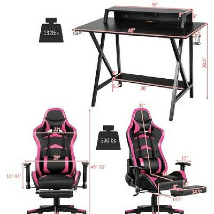 Computer Desks * | Costway Gaming Desk&Massage Gaming Chair Set W/ Footrest Monitor Shelf Power Strip Pink