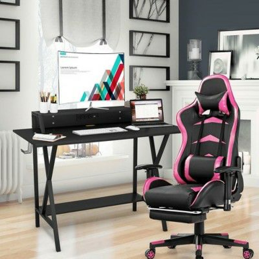 Computer Desks * | Costway Gaming Desk&Massage Gaming Chair Set W/ Footrest Monitor Shelf Power Strip Pink