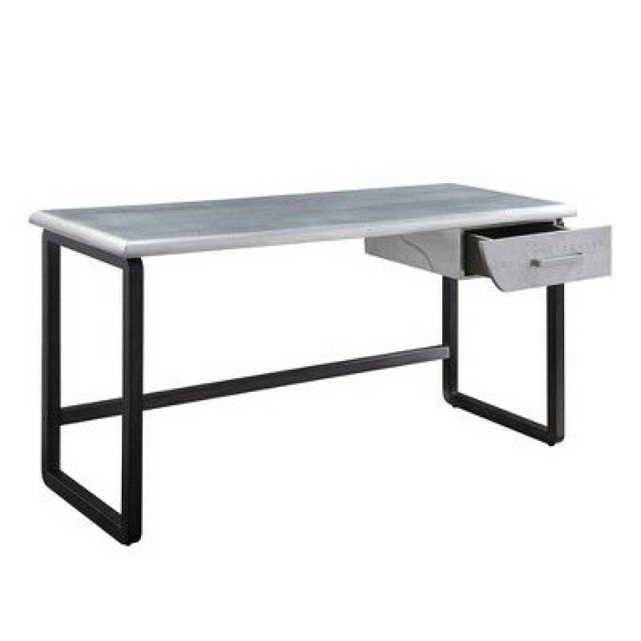 Executive Desks * | Patchwork Aluminum Top Desk With Metal Sled Base Silver/Black Benzara