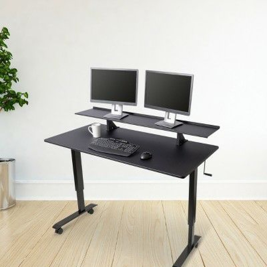 Executive Desks * | Stand Up Desk Store Two Tier Crank Adjustable Standing Desk Provides Enhanced Ergonomics And Additional Desktop Space (60 , Black Frame / Black Top)