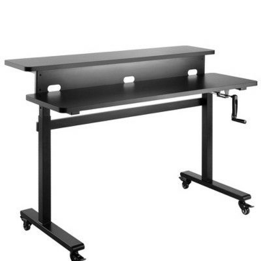 Executive Desks * | Tranzendesk Standing Desk With Dual Shelves, Front Handle, And Wheels 55" Sit To Stand Workstation Black Stand Steady