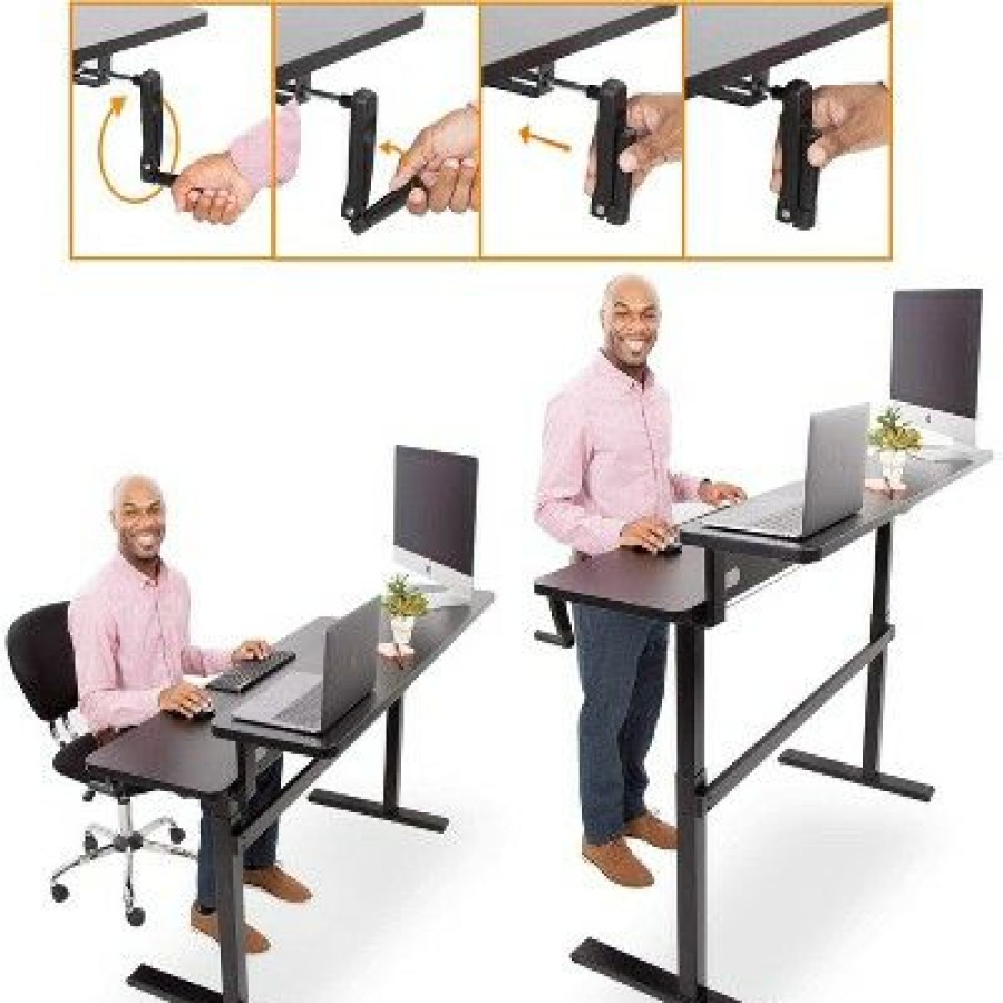 Executive Desks * | Tranzendesk Standing Desk With Dual Shelves, Front Handle, And Wheels 55" Sit To Stand Workstation Black Stand Steady