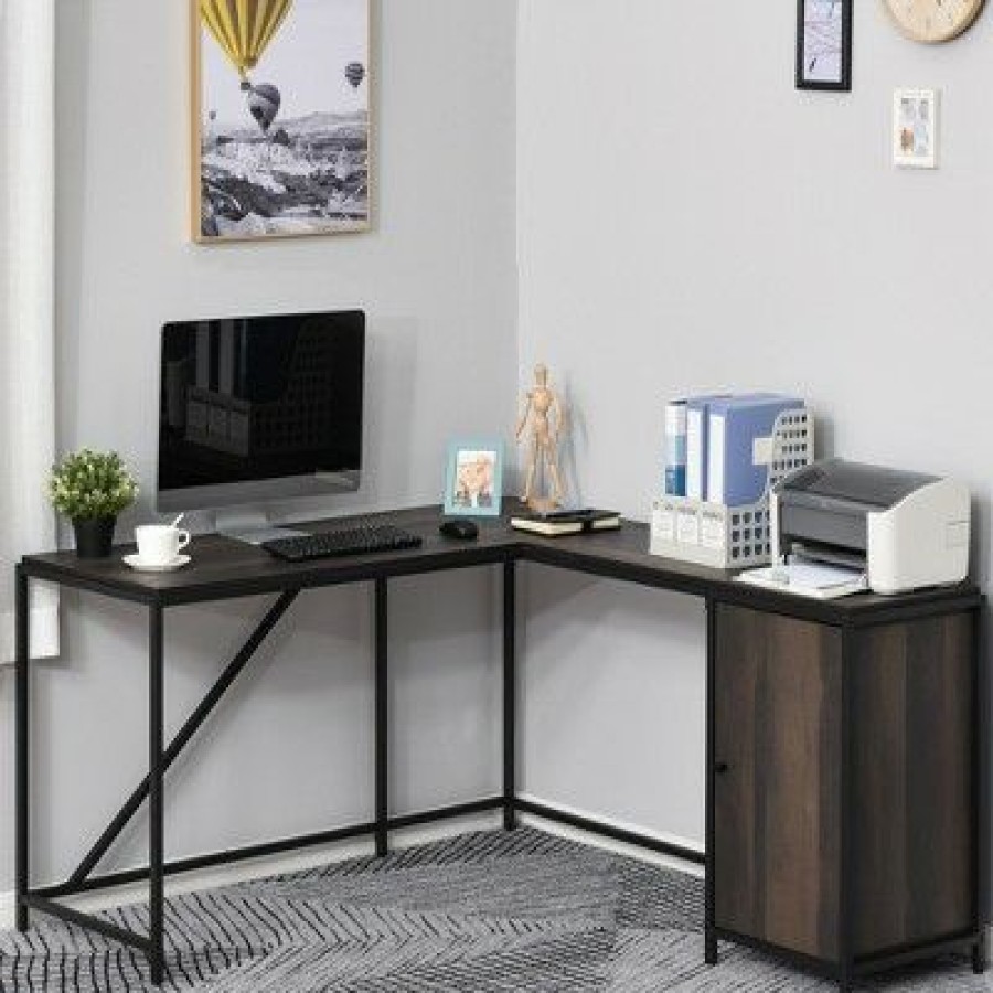 Executive Desks * | Homcom L-Shaped Computer Corner Desk With Storage Cabinet Adjustable Shelf Large Tabletop And Black Steel Frame Brown