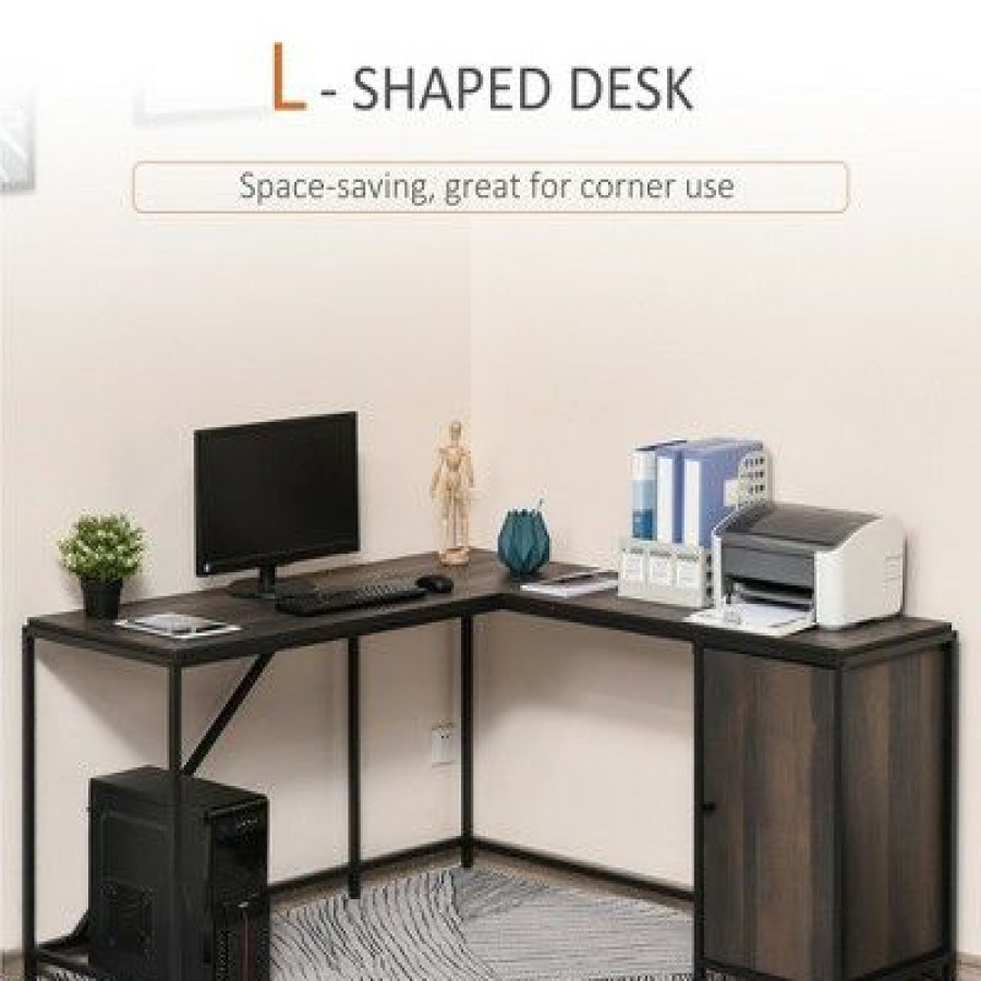 Executive Desks * | Homcom L-Shaped Computer Corner Desk With Storage Cabinet Adjustable Shelf Large Tabletop And Black Steel Frame Brown