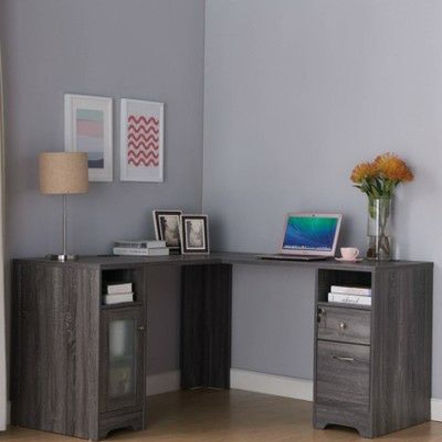 Corner Desks * | Ghally Locking Drawer L-Shape Desk With Usb Ports Dark Gray Mibasics