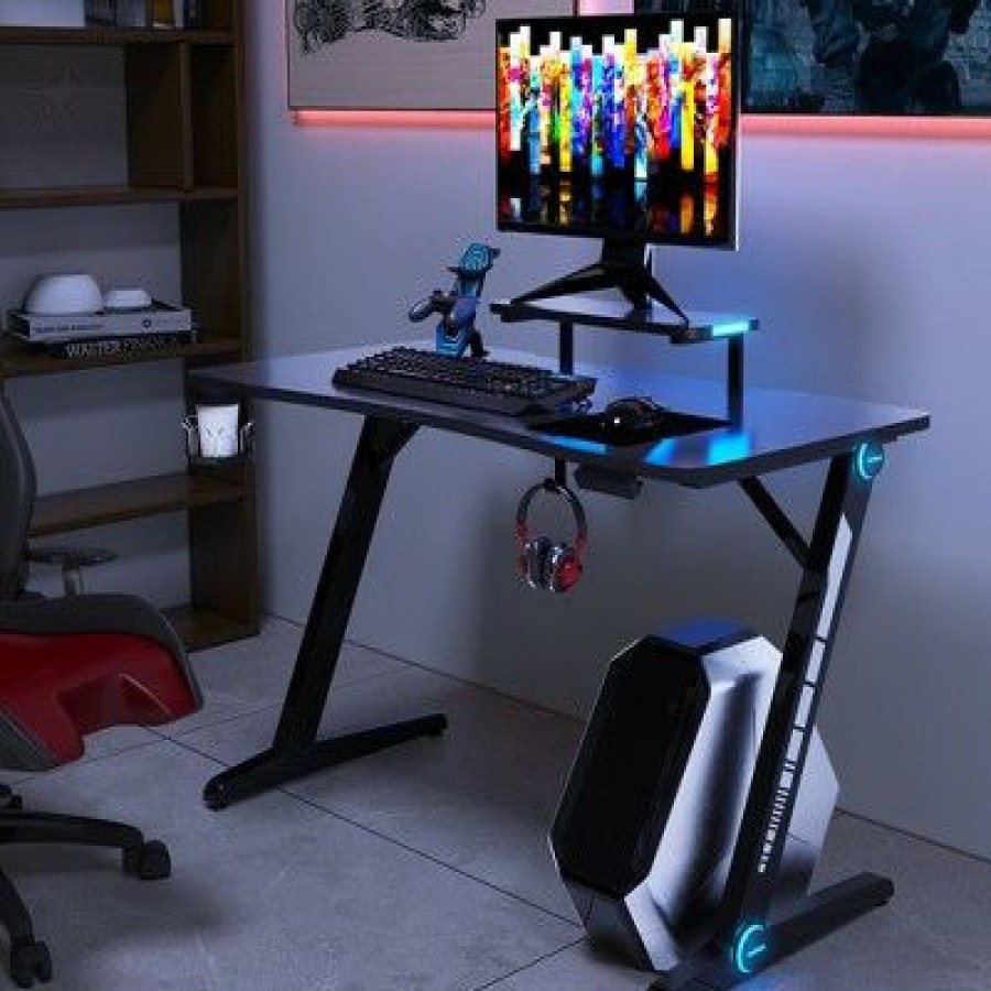 Computer Desks * | Costway Gaming Desk Pc Computer Table W/Rgb Lights Monitor Shelf&Storage For Controller