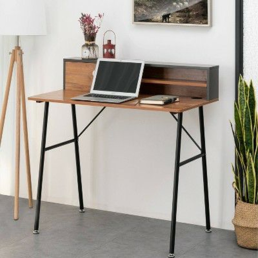 Executive Desks * | 39" Rectangular 1 Drawer Writing Desk With Hutch Dark Wood Grain Office Essentials