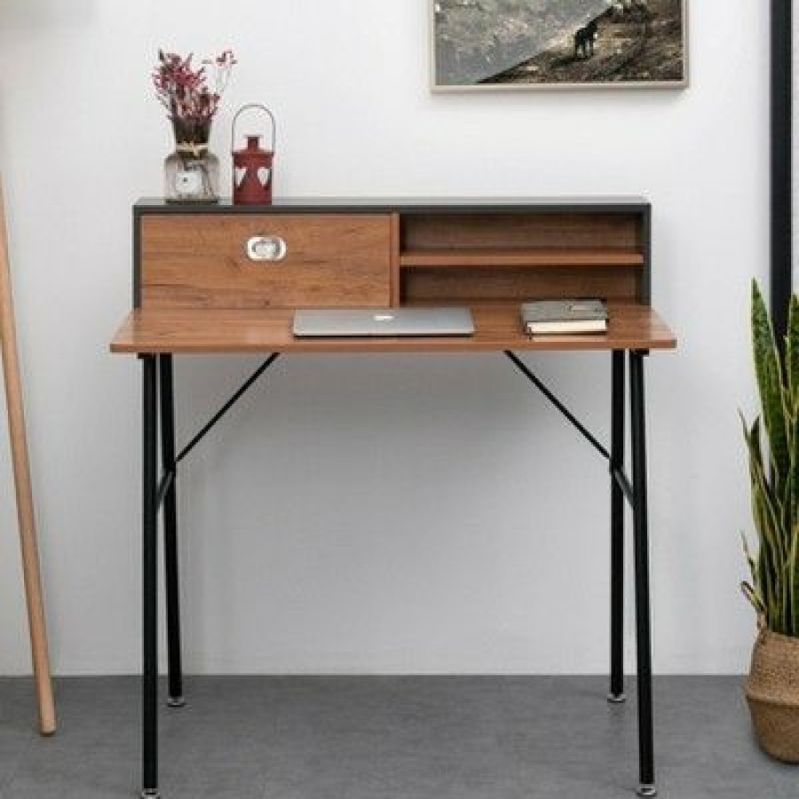 Executive Desks * | 39" Rectangular 1 Drawer Writing Desk With Hutch Dark Wood Grain Office Essentials