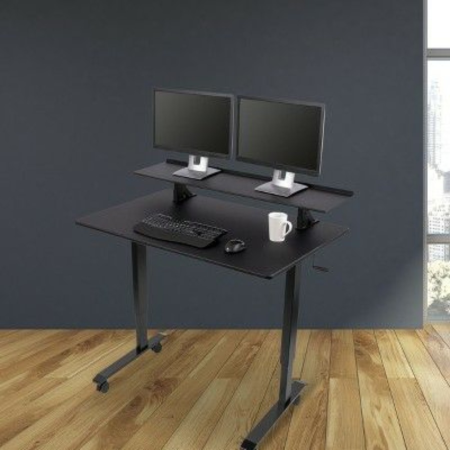 Executive Desks * | Stand Up Desk Store Two Tier Crank Adjustable Standing Desk Provides Enhanced Ergonomics And Additional Desktop Space (48 , Black Frame / Black Top)