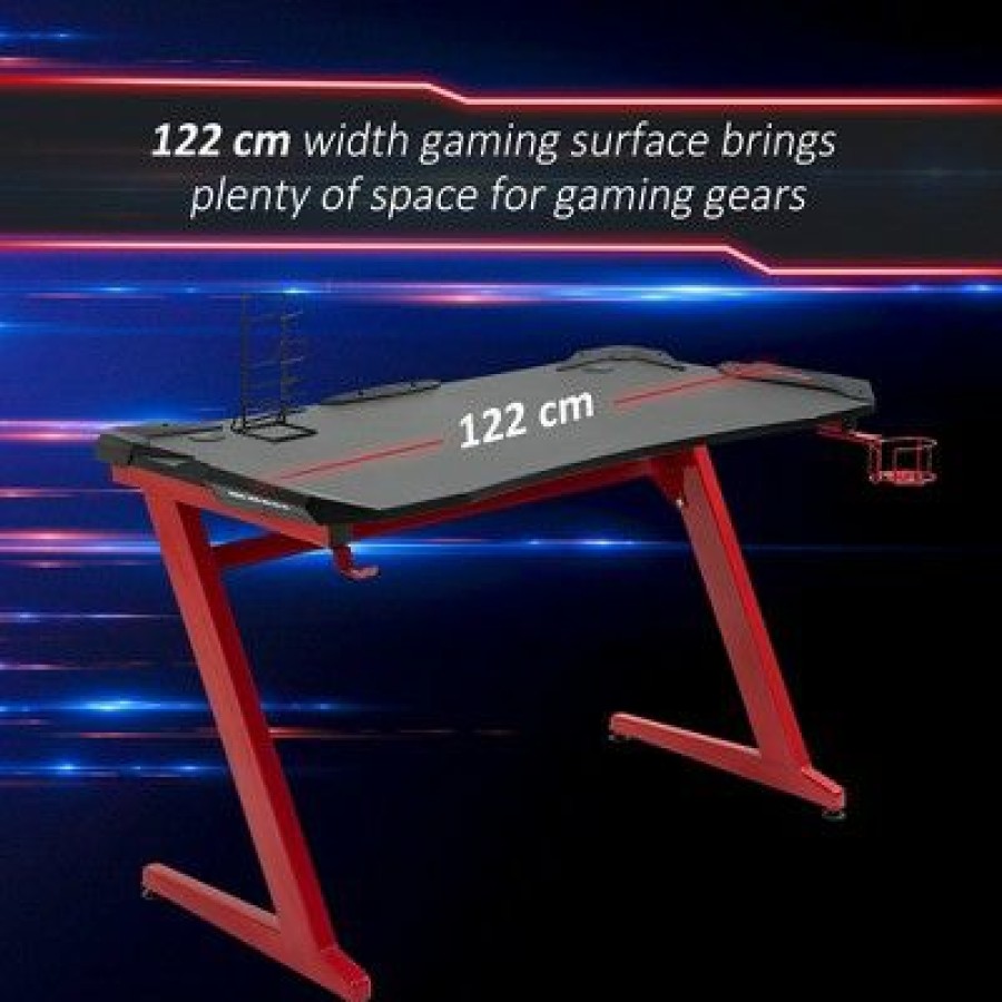 Computer Desks * | Homcom Home Office Gaming Desk Computer Writing Table With Large Workstation Cup Holder Headphone Rack Gamepad Rack Black And Red