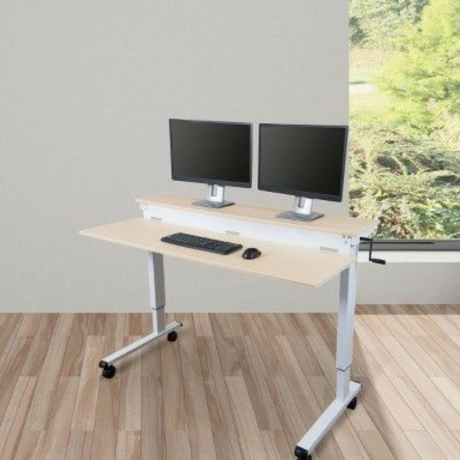 Executive Desks * | Stand Up Desk Store 60 Two-Tier Crank Adjustable Sit To Stand Desk (White/Birch)