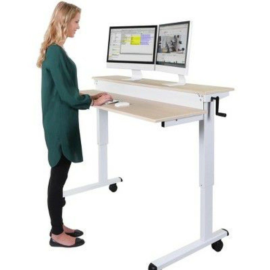 Executive Desks * | Stand Up Desk Store 60 Two-Tier Crank Adjustable Sit To Stand Desk (White/Birch)