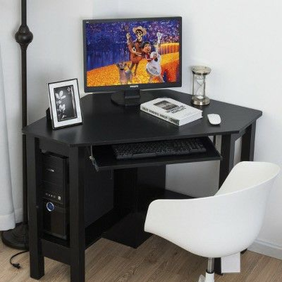 Corner Desks * | Costway Wooden Corner Desk With Drawer Computer Pc Table Study Office Room Black