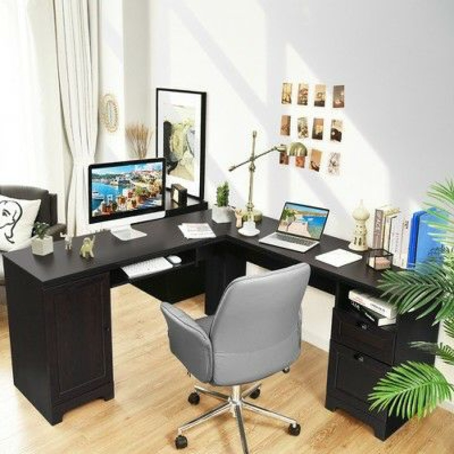 Executive Desks * | Costway L-Shaped Corner Computer Desk Writing Table Study Workstation Drawers