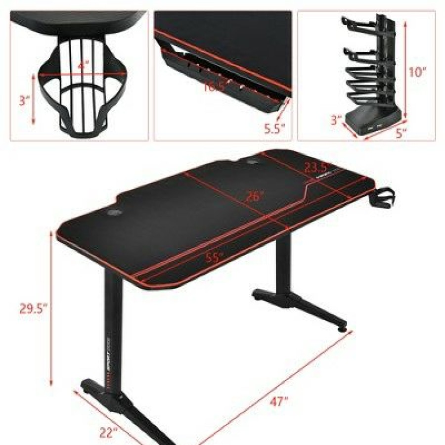 Computer Desks * | Costway 55" Gaming Desk T-Shaped Computer Desk W/Full Desk Mouse Pad&Gaming Handle Rack