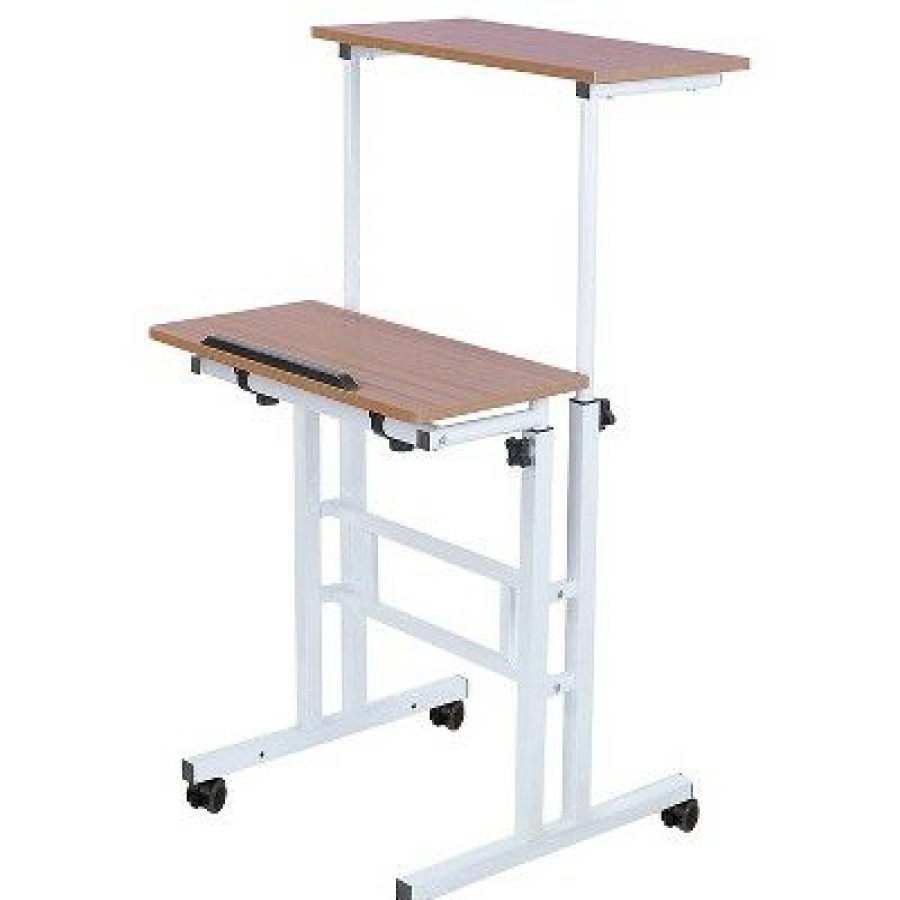 Executive Desks * | Sdadi L101Xwfdt Adjustable-Height Steel-Framed Mobile Standing Office Computer Desk With 2 Tiers And Lockable Caster Wheels Dark Grain