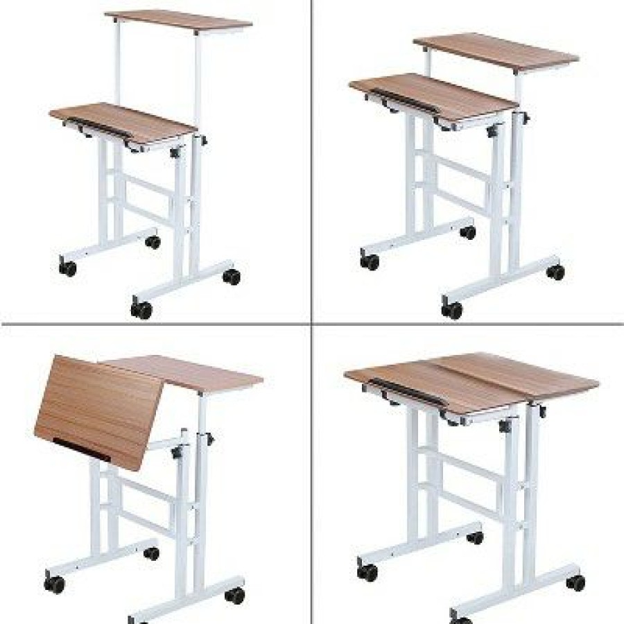 Executive Desks * | Sdadi L101Xwfdt Adjustable-Height Steel-Framed Mobile Standing Office Computer Desk With 2 Tiers And Lockable Caster Wheels Dark Grain