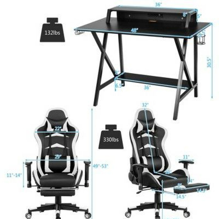 Computer Desks * | Costway Gaming Desk&Massage Gaming Chair Set W/ Footrest Monitor Shelf Power Strip White