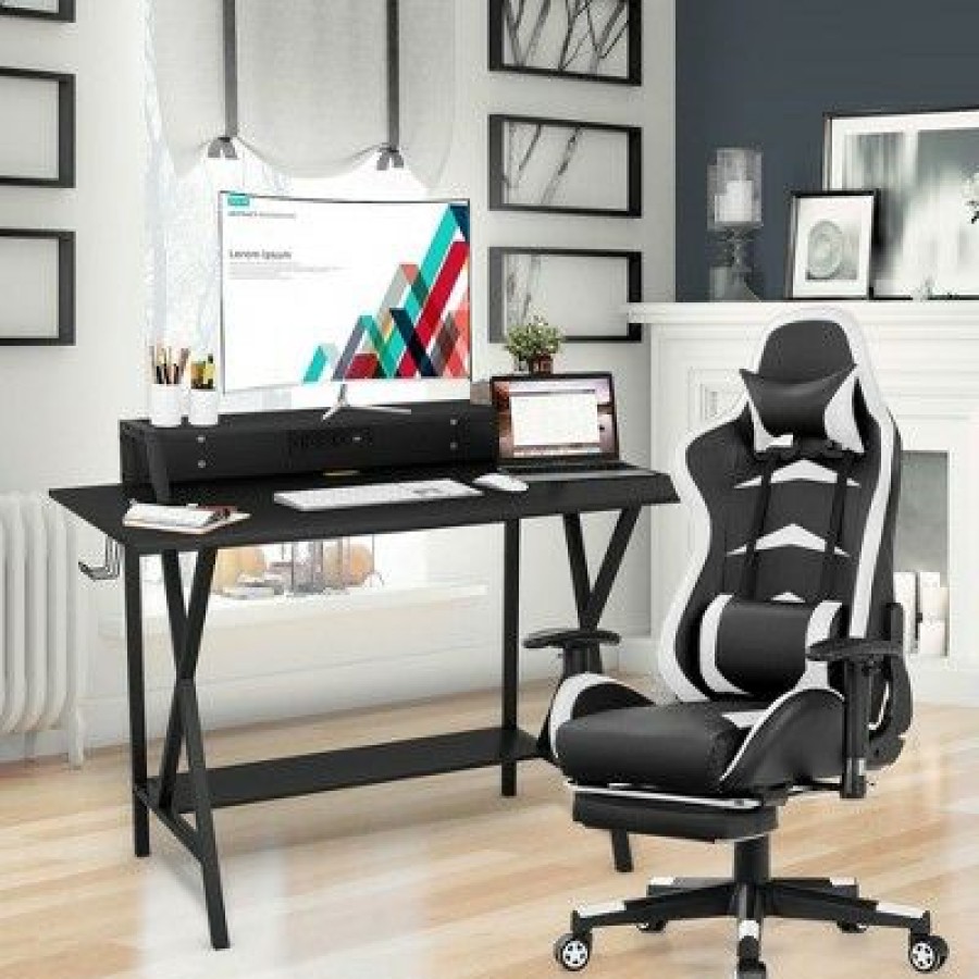 Computer Desks * | Costway Gaming Desk&Massage Gaming Chair Set W/ Footrest Monitor Shelf Power Strip White