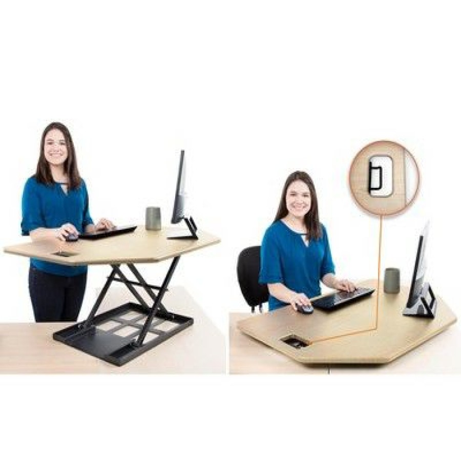 Executive Desks * | X-Elite Premier Corner Standing Desk Converter With Pneumatic Height Adjustment Maple Stand Steady