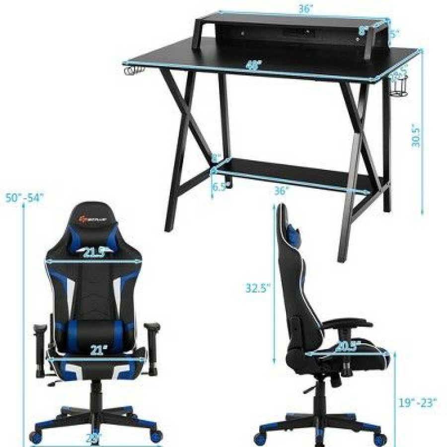 Computer Desks * | Costway Gaming Computer Desk&Massage Gaming Chair Set W/Monitor Shelf Power Strip