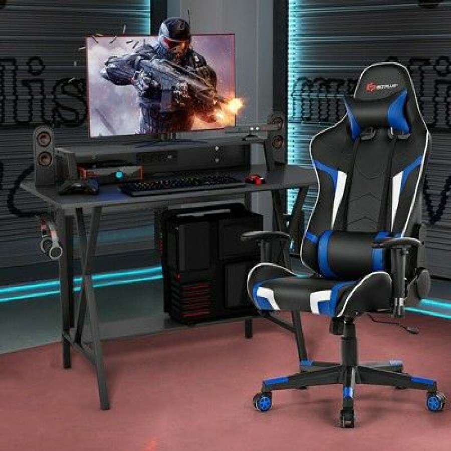 Computer Desks * | Costway Gaming Computer Desk&Massage Gaming Chair Set W/Monitor Shelf Power Strip