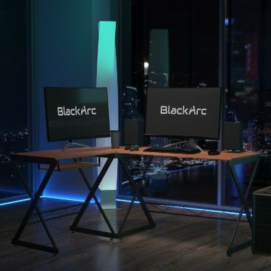 Computer Desks * | Blackarc L-Shaped Gaming Desk Teakwood Finish Laminate Top-Black Powder Coated Frame-Pull Out Keyboard-87 Overall Diagonal Width