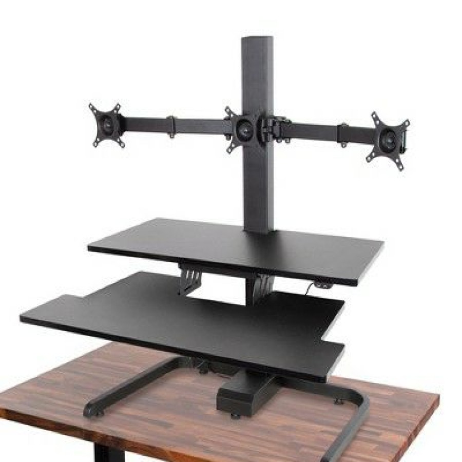 Executive Desks * | Techtonic Electric 3 Arm Monitor Mount Standing Desk Sit To Stand Desk Converter With Keyboard Tray Black Stand Steady