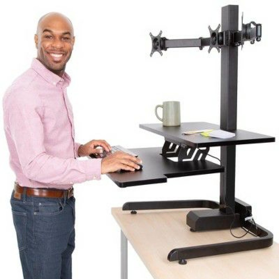 Executive Desks * | Techtonic Electric 3 Arm Monitor Mount Standing Desk Sit To Stand Desk Converter With Keyboard Tray Black Stand Steady