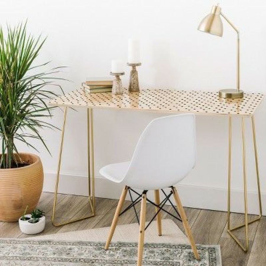 Executive Desks * | Allyson Johnson Tiny Polka Dots Black And Gold Desk Deny Designs