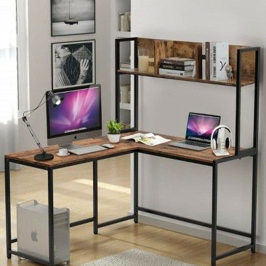 Executive Desks * | Costway Industrial L-Shaped Desk W/Hutch Bookshelf 55" Corner Computer Desk Gaming Table