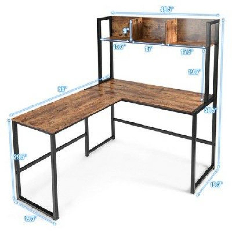 Executive Desks * | Costway Industrial L-Shaped Desk W/Hutch Bookshelf 55" Corner Computer Desk Gaming Table