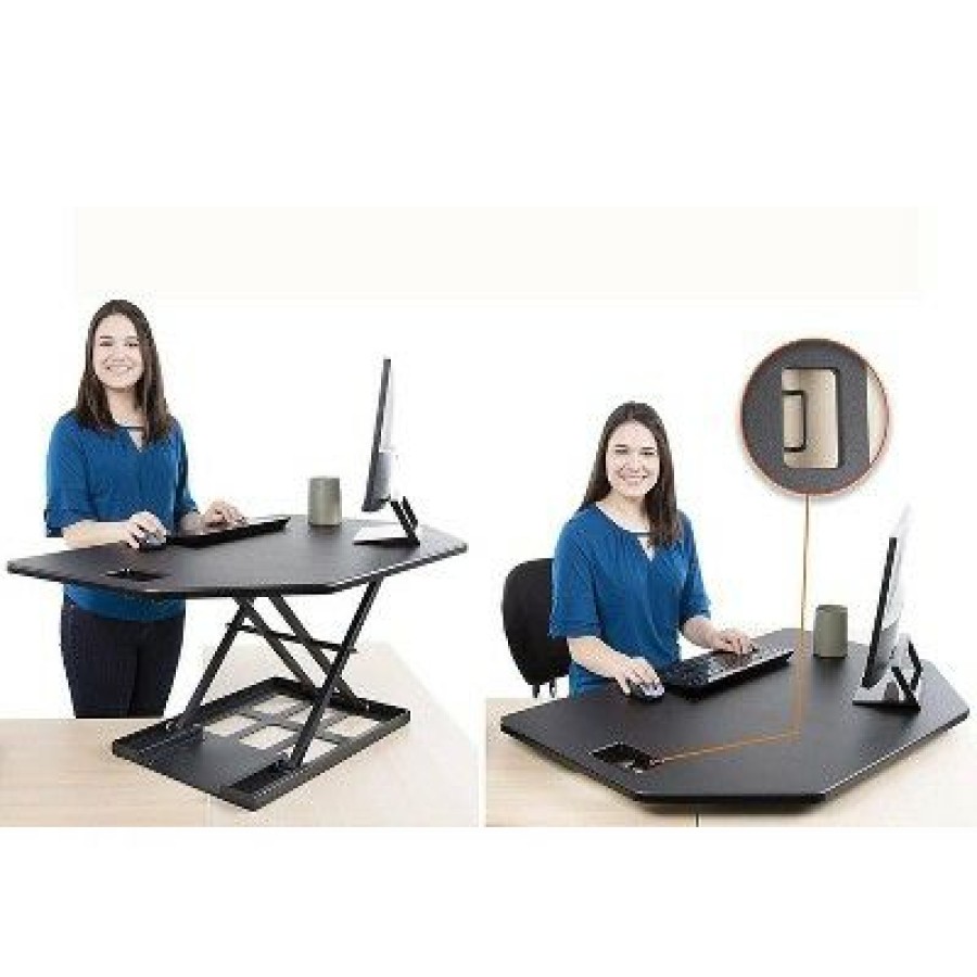 Executive Desks * | X-Elite Premier Corner Standing Desk Converter With Pneumatic Height Adjustment Black Stand Steady