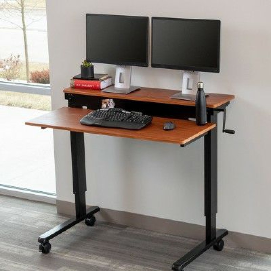 Executive Desks * | Stand Up Desk Store Crank Adjustable Two Tier Standing Desk With Heavy Duty Steel Frame